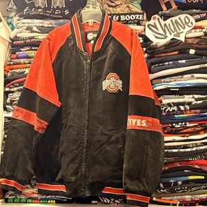 🍁 Y2K Ohio State Buckeyes Suede Leather Red Black Zip Up Jacket Men’s XL 🍁